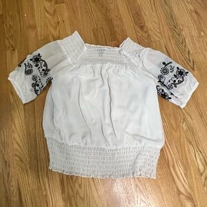 Alfani White and Black Smocked Embroidered Blouse